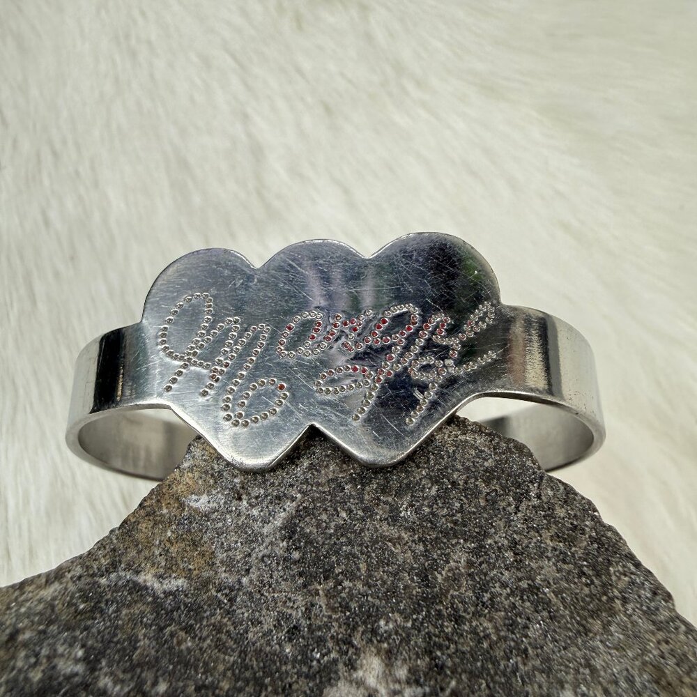 Silver Tone Engraved Double Heart Cuff Bracelet